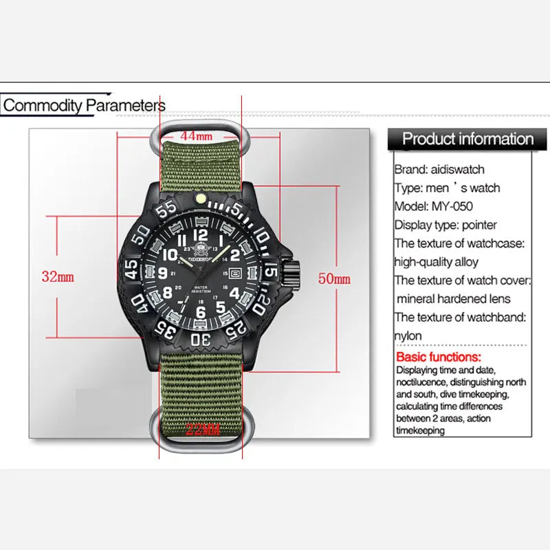 Men's Waterproof Sports Watch with Luminous Tube & Nylon Band - Military Style, 50m Water-Resistant