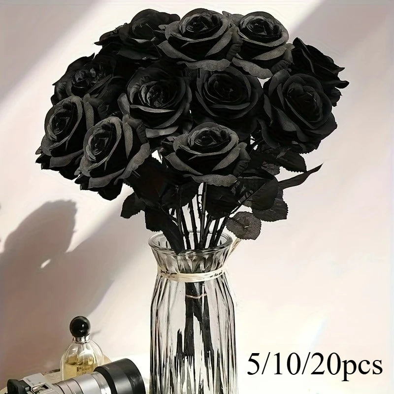 Artificial Black Roses Fake Flowers Long Stem Set for Halloween Wedding Home Decor