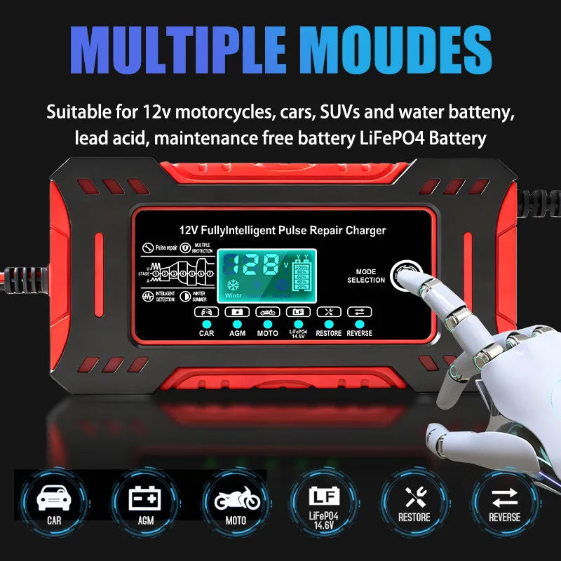 12V 6A Lithium Iron Phosphate Battery Charger with LCD Display for Car Motorcycle