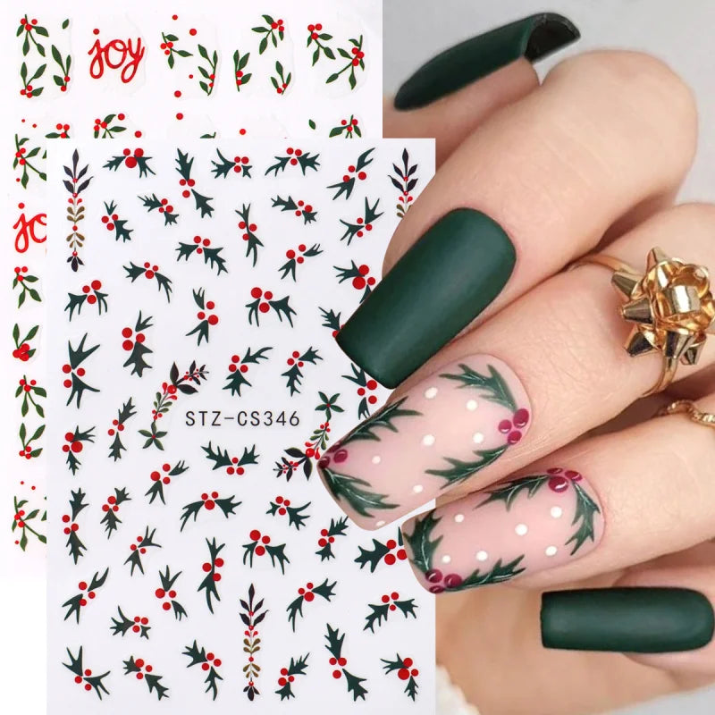 Christmas Holly Nail Art Stickers 2-Pack - Holiday Flower Leaf Decor for Nails