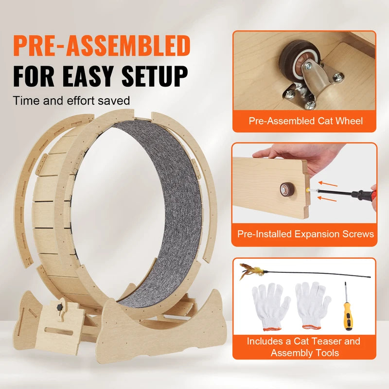 Large Wooden Cat Exercise Wheel with Detachable Carpet & Teaser - Quiet Indoor Treadmill for Cats