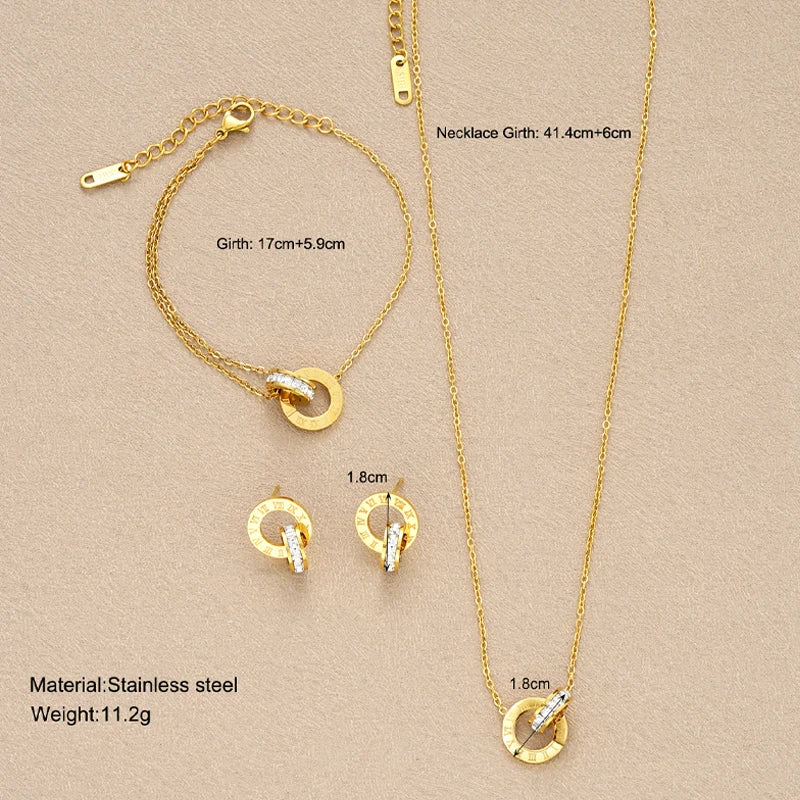Gold Color Stainless Steel Jewelry Set with Necklace Bracelet Earrings for Women - Interlocking Circles & Roman Numerals - 4 Pieces