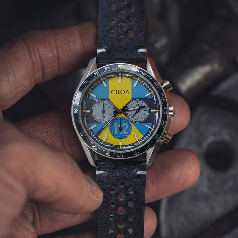 Men's Racing Chronograph Watch with Blue & Yellow Dial and Leather Strap