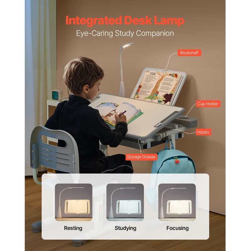 Kids Study Desk and Chair Set with Adjustable Height and Table Lamp - Multiple Colors