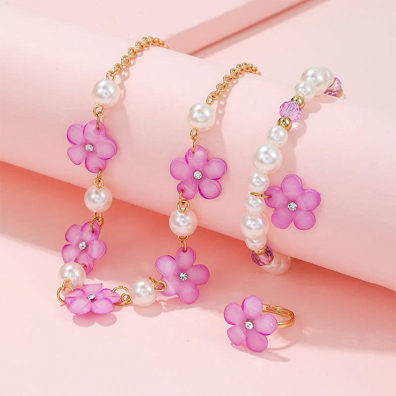 Kids Jewelry Set 3Pcs Flower Charm Necklace Bracelet Ring for Girls and Daughters