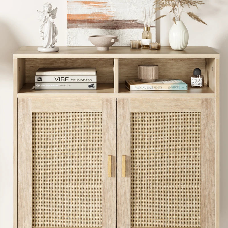 Modern Rattan Buffet Sideboard Cabinet with Shelves - Farmhouse TV Stand & Kitchen Console