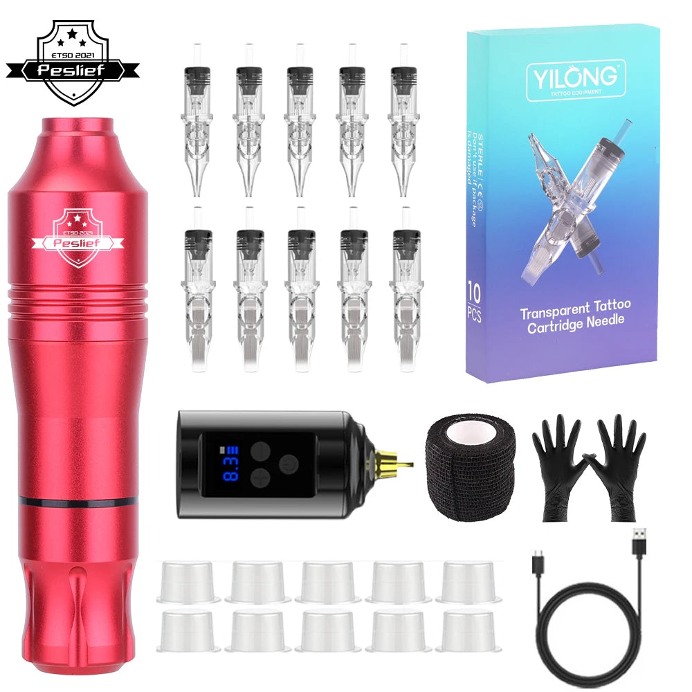 Wireless Rotary Tattoo Kit with 10 Cartridges - Portable Permanent Makeup Set