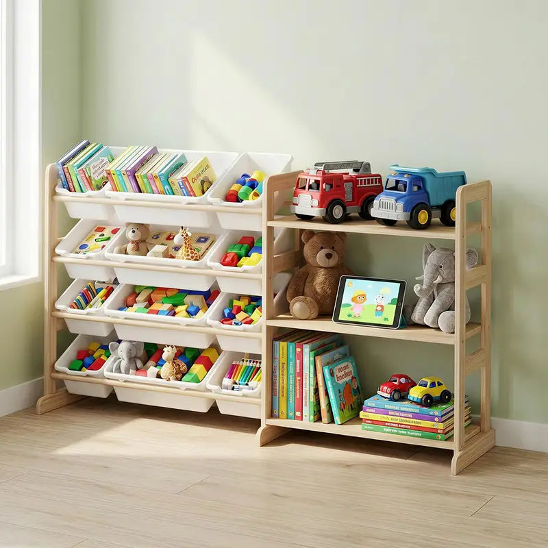 Kids Toy Storage Organizer with 12 Bins and Open Shelves - 56-Inch Wooden Bookcase
