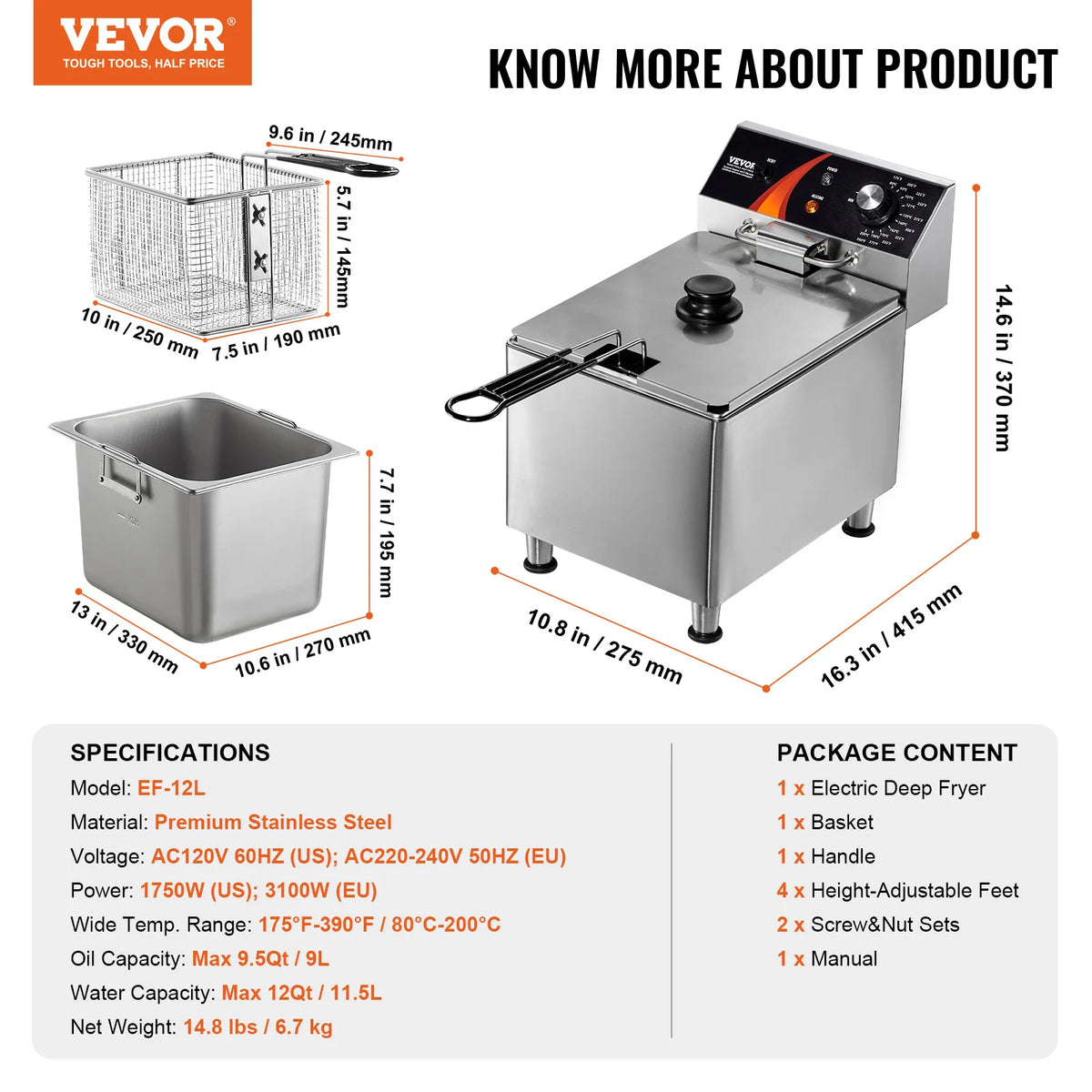 Commercial Electric Deep Fryer with Basket, Stainless Steel, Time & Temp Control