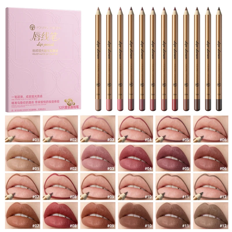 Matte Gold Lip Liner Pen Set - Long-Lasting, Smudge-Proof, Non-Sticky 12-Piece Kit