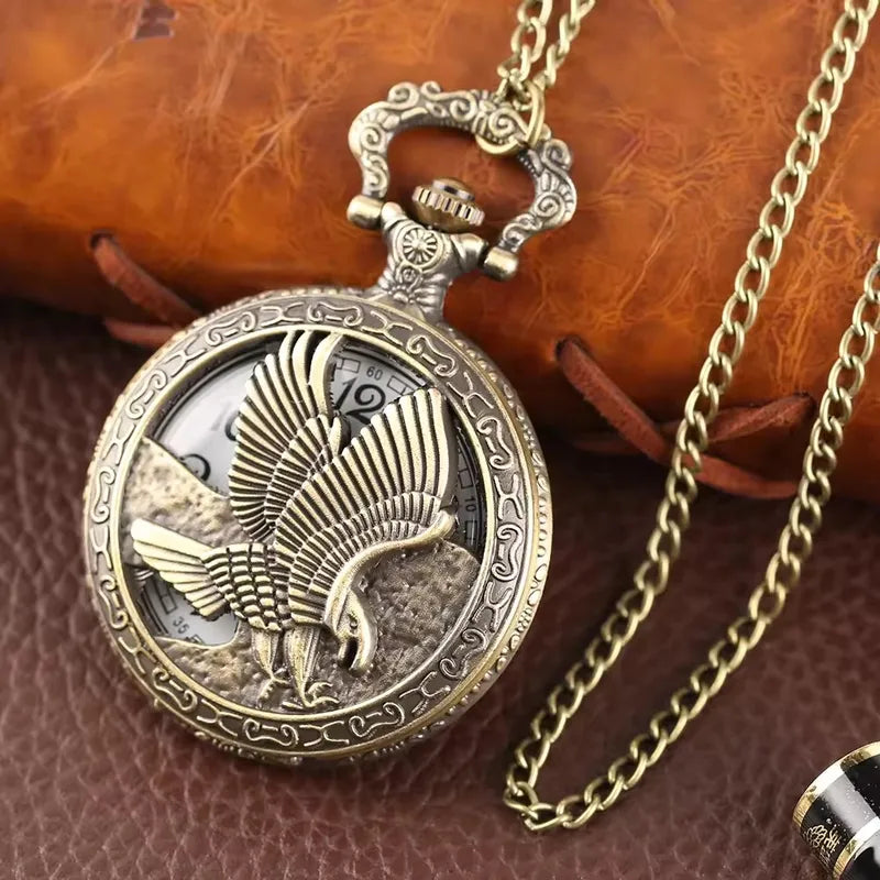 Vintage Steampunk Eagle Pendant Necklace with Bronze Metal Pocket Watch and Chain