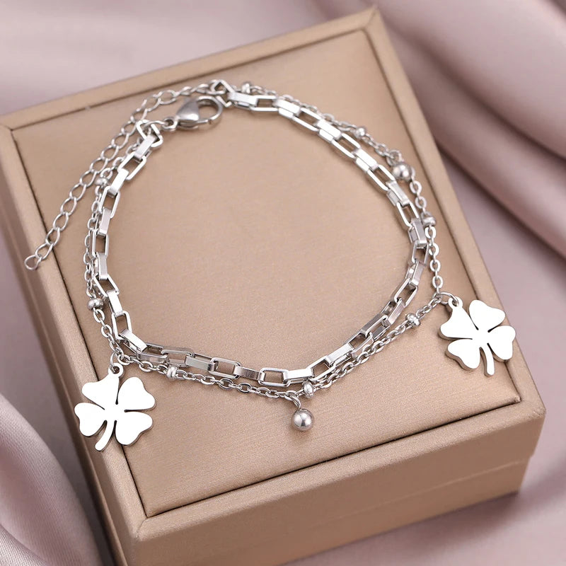 Trendy Stainless Steel Bracelets for Women Beaded Layer Chain Jewelry Festive Gift