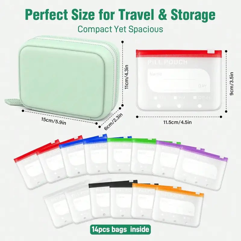 Waterproof Zipper Medicine Pouch Set with 14 Color Designs Weekly Organizer for Supplement Storage