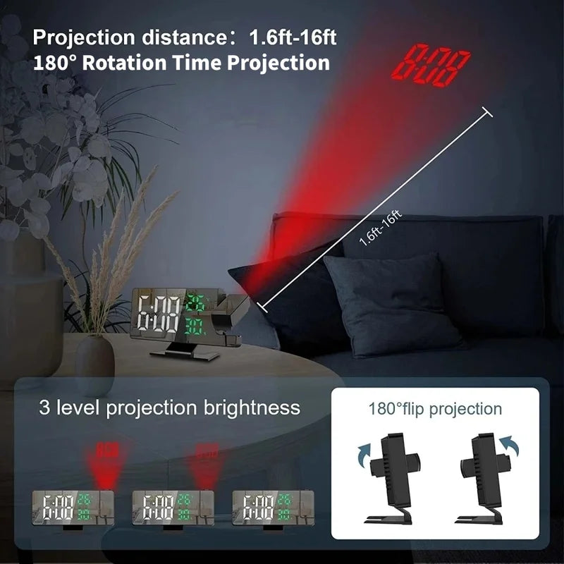 Digital Projection Alarm Clock with Rotation & Night Mode, Temperature & Humidity Display