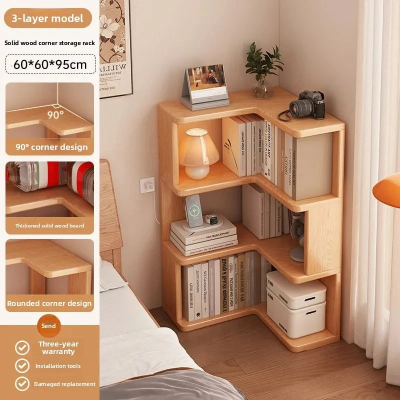 Solid Wood Corner Bookshelf with Multi-Layer Storage - Living Room & Bedroom Organizer