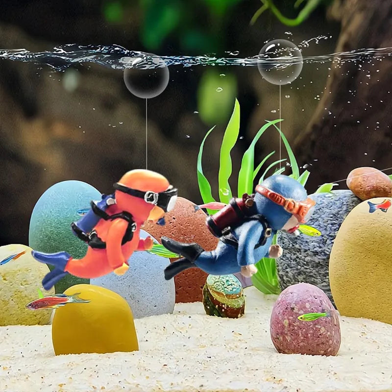 Aquarium Fish Tank Decoration Resin Mini Diver & Floating Ball Set - Glow in Dark