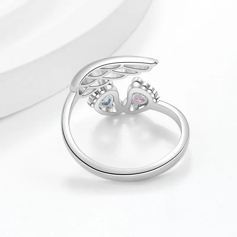 Sterling Silver Angel Wing Footprints Finger Ring for Women and Girls