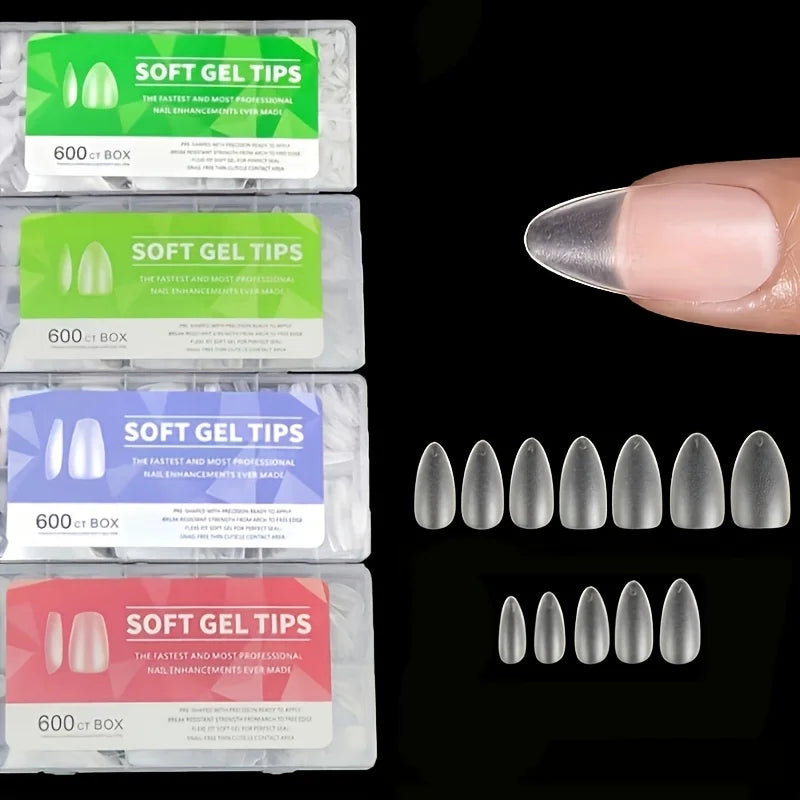 600-Piece Short Almond Nail Tips Set - Pre-Shaped Full Coverage False Nails