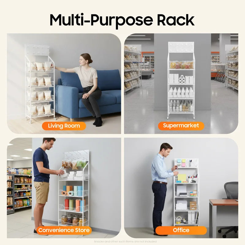 4-Tier Metal Retail Display Rack with Hooks and Baskets - White, Adjustable Heavy Duty Storage Shelf for Store & Supermarket