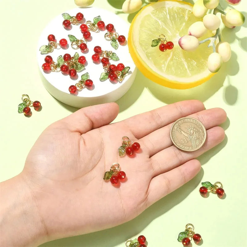 Glass 3D Red Cherry Charms 10-Pack for Jewelry Making DIY Earrings Necklaces