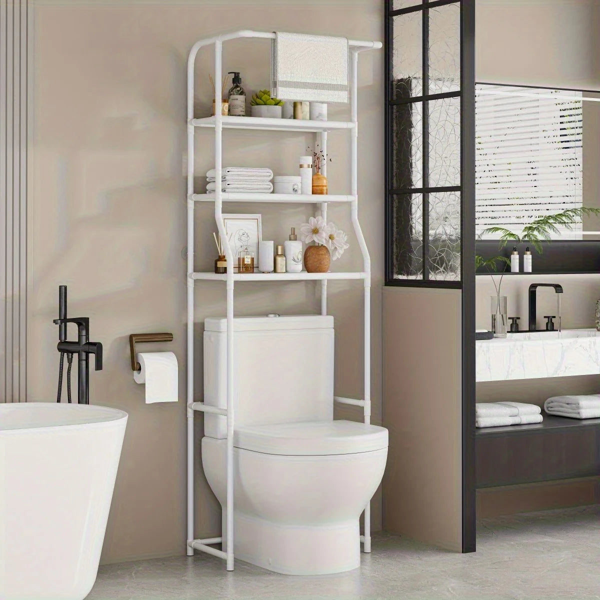 Multi-Layer Metal Bathroom Storage Rack with Toilet Paper Holder - Balcony Washing Machine Shelf