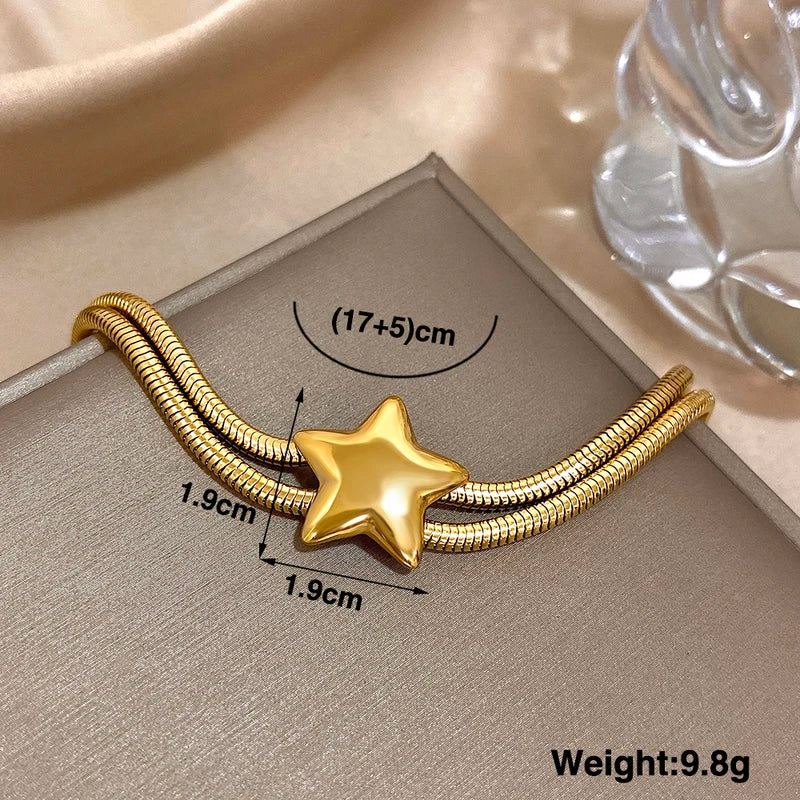 Vintage Double-Layer Stainless Steel Elastic Chain Bracelet with Star Charm - Waterproof Jewelry