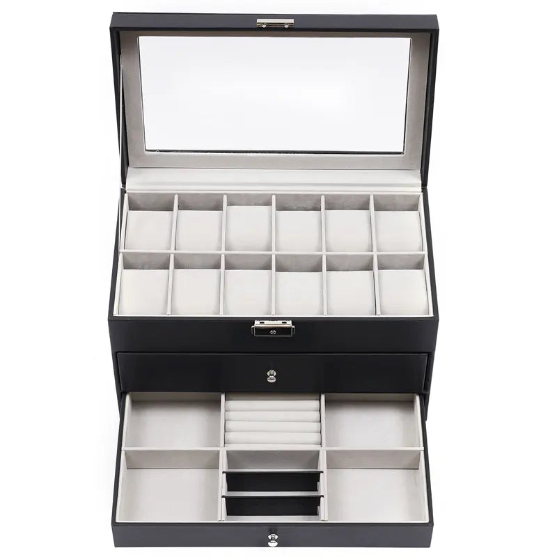 12 Compartments Watch Storage Box Jewelry Organizer with Glass Window