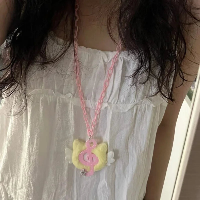Y2K Harajuku Angel Cat Necklace with Plush Dotted Pendant - Subculture Style