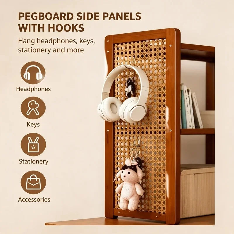 Multi-Height Desktop Bookshelf with Rattan Pegboard - Boho Wooden Organizer for Home Office
