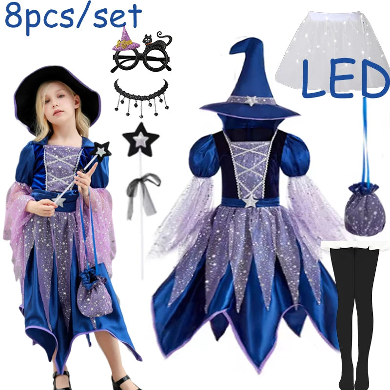 Girls Witch Costume Dress with Hat, Wand & Bag for Halloween Party Kids Cosplay