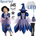 Girls Witch Costume Dress with Hat, Wand & Bag for Halloween Party Kids Cosplay