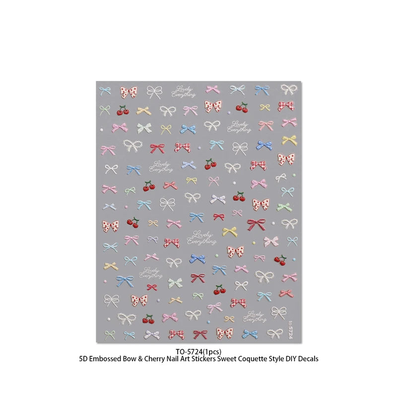 5D Embossed Bow & Cherry Nail Stickers - Textured Decals for DIY Manicure & Party