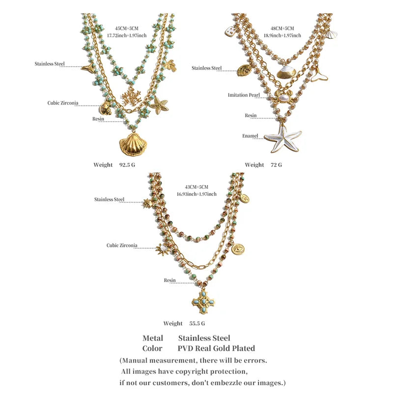 Ocean Series Glass Beads Chain Layered Necklace with Shell Starfish Drop Charm Summer Jewelry