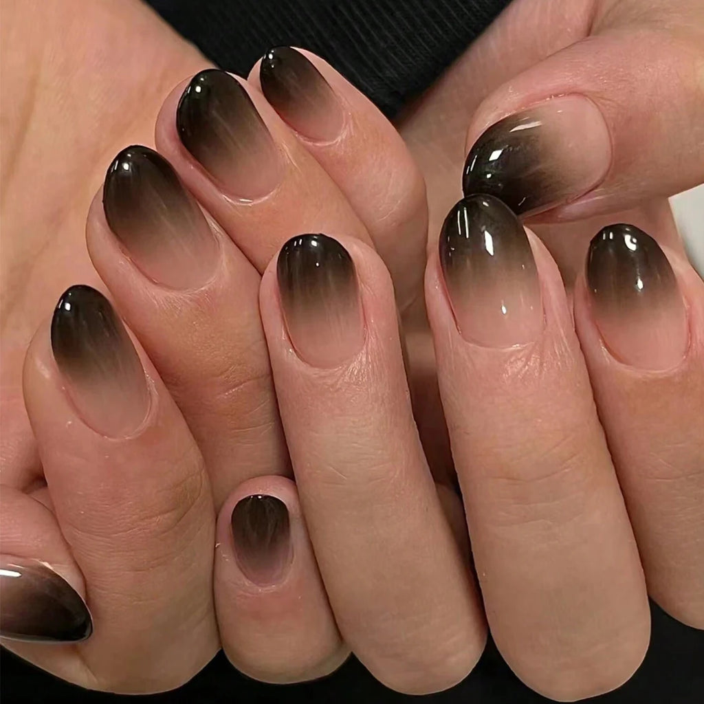 24PCS Black French Pointed Fake Nails Halloween Almond Nail Tips Glossy Acrylic