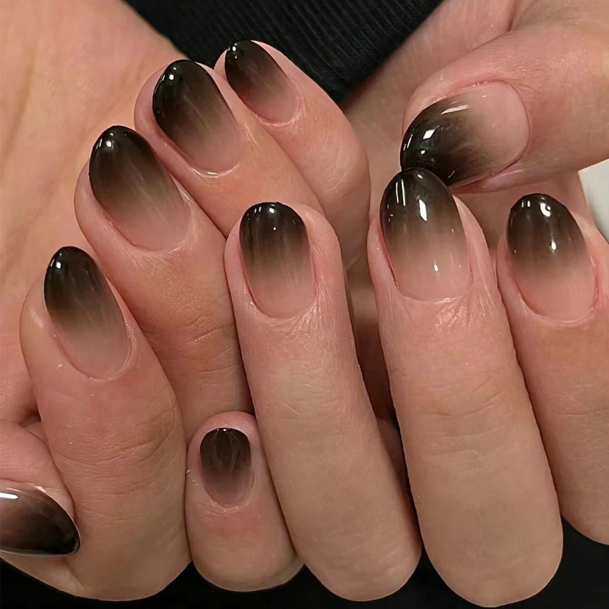 24PCS Black French Pointed Fake Nails Halloween Almond Nail Tips Glossy Acrylic