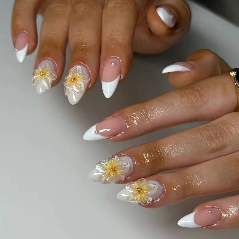 24Pcs Full Cover Nail Tips - French Almond False Nails for Manicure