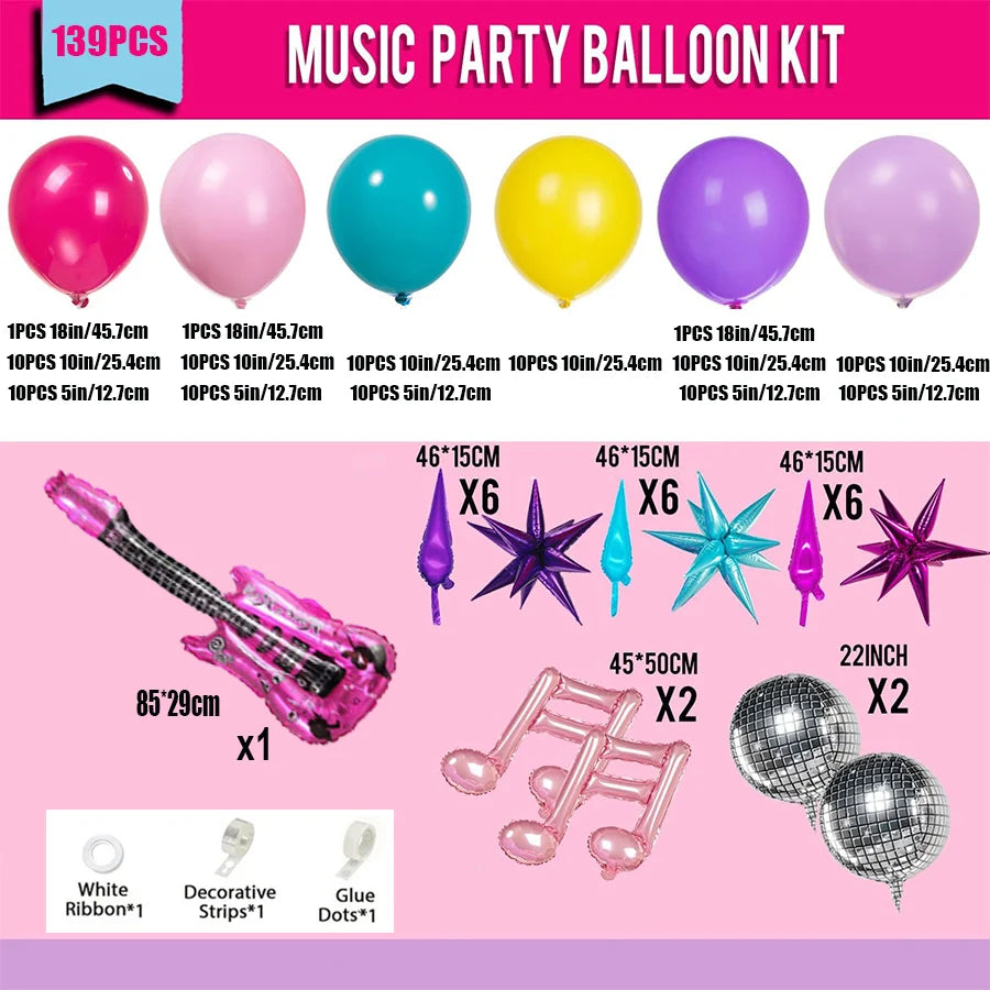 Kpop Music Hunter Birthday Decorations Party Supplies Pink Purple Teal Yellow Guitar Notes Star Disco Balloons