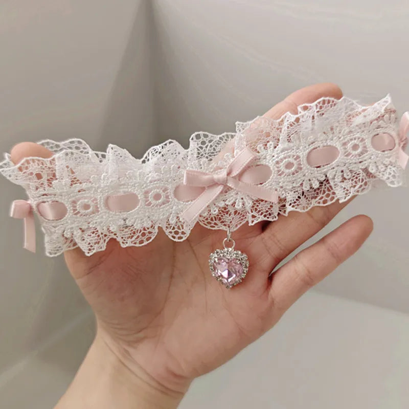 Lace Bow Necklace Heart Gem Charm Lolita Jewelry for Weddings & Parties
