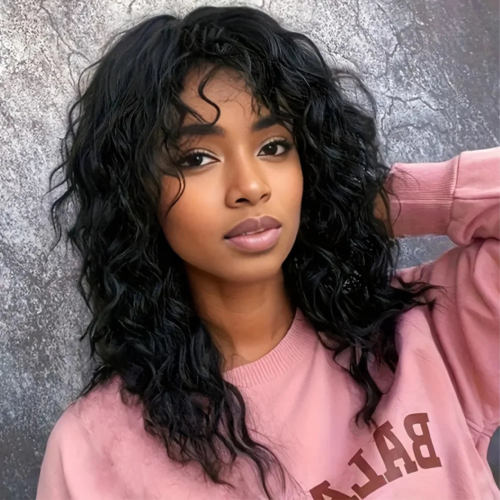 Long Curly Wigs for Women - Synthetic Layered Wavy Hair with Bangs