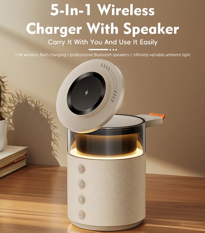 5-in-1 Magnetic Wireless Charging Station with Speaker Night Light Fast Charger for iPhone iWatch AirPods
