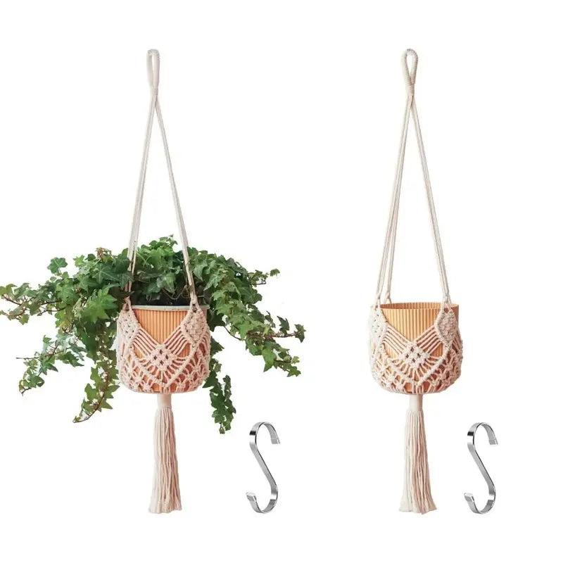 Boho Cotton Rope Plant Hanger with Net Pouch - Indoor Outdoor Hanging Basket