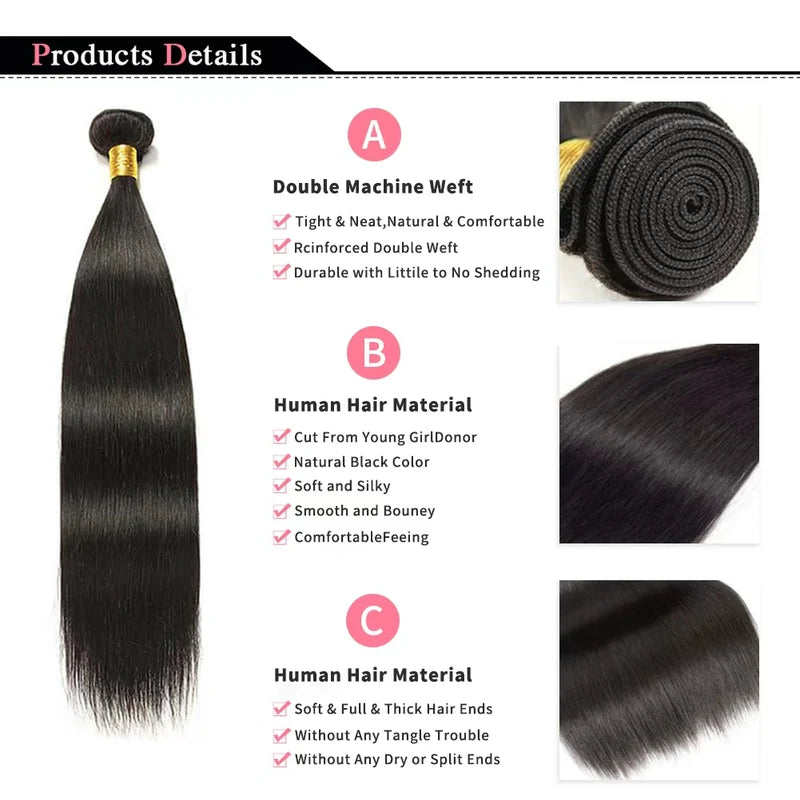 Natural Color Human Hair Extensions Bundles - Brazilian Remy Double Weft, 14-30 Inches