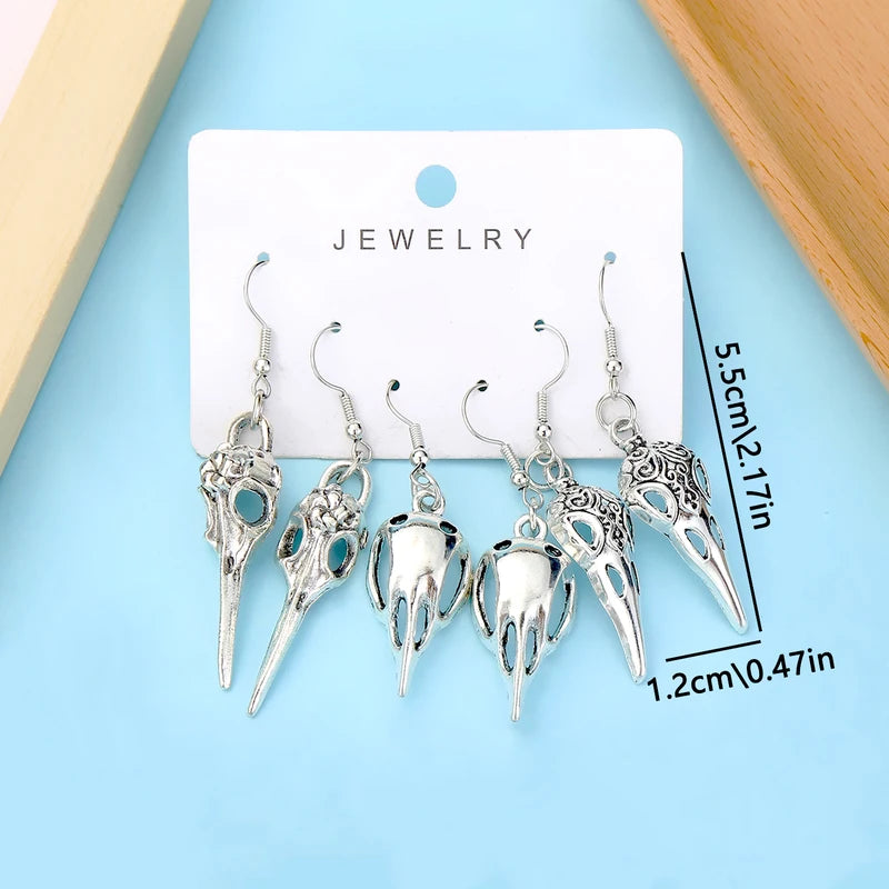 Gothic Bird Dead Crow Moon Earrings Set - Pentagram Skull Halloween Punk Jewelry for Women