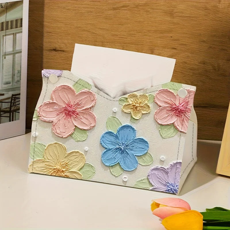 Elegant Floral Tissue Box - Oil Painting Style Desktop Storage for Living Room & Dining