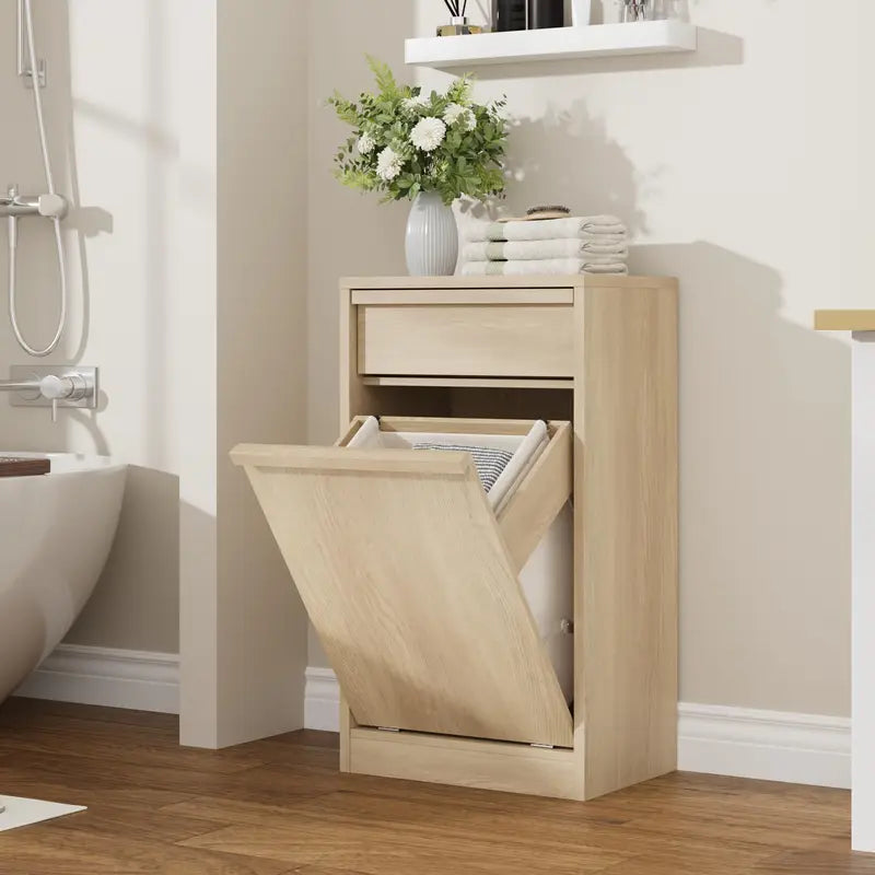 Tilt Out Laundry Hamper Cabinet with Drawer and Removable 10-Gallon Basket