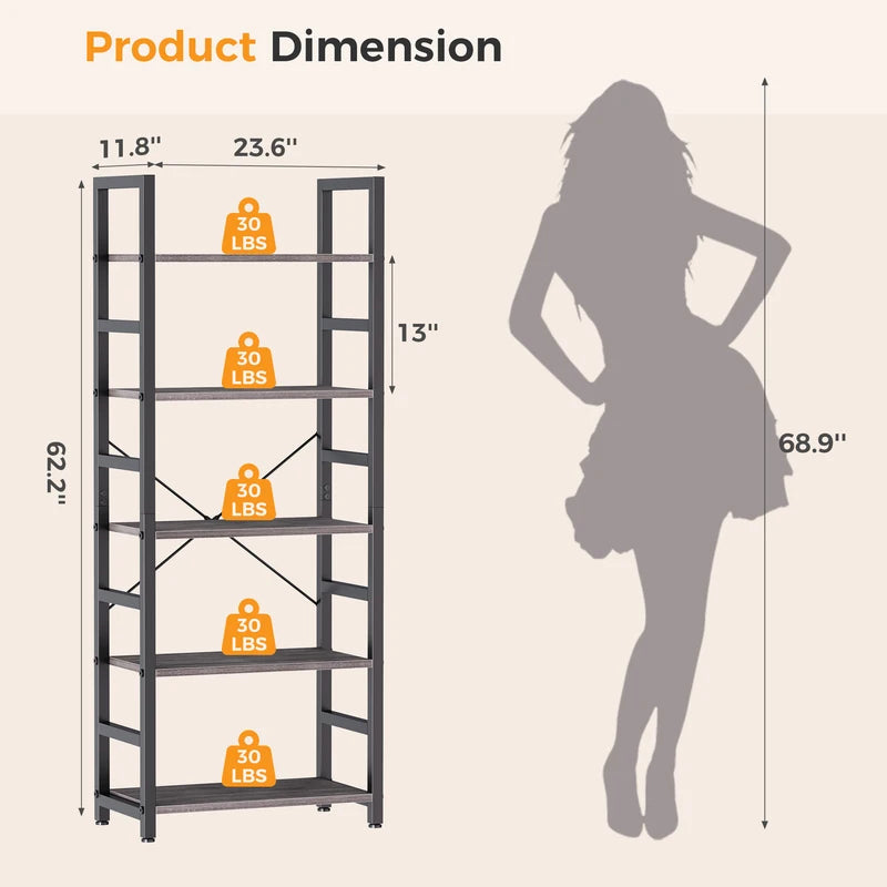 Wooden 5-Tier Standing Bookcase with Adjustable Feet - Sturdy Storage Shelf