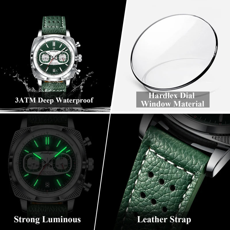Men's Waterproof Luminous Chronograph Quartz Watch with Leather Strap