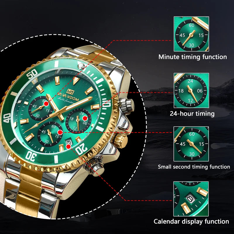Men's Multifunctional Quartz Watch - Luxury Water-Resistant Diver Style Stainless Steel Wristwatch