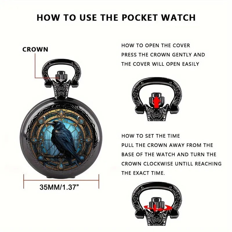 Vintage Black Crow Pocket Watch Necklace with World Time - Unisex Gift