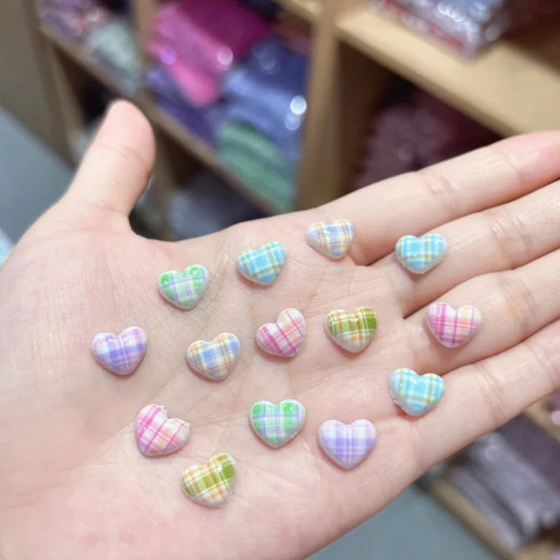 Heart Plaid Nail Charms 3D Sweet Girl Nail Art Decor for DIY Kawaii Manicures